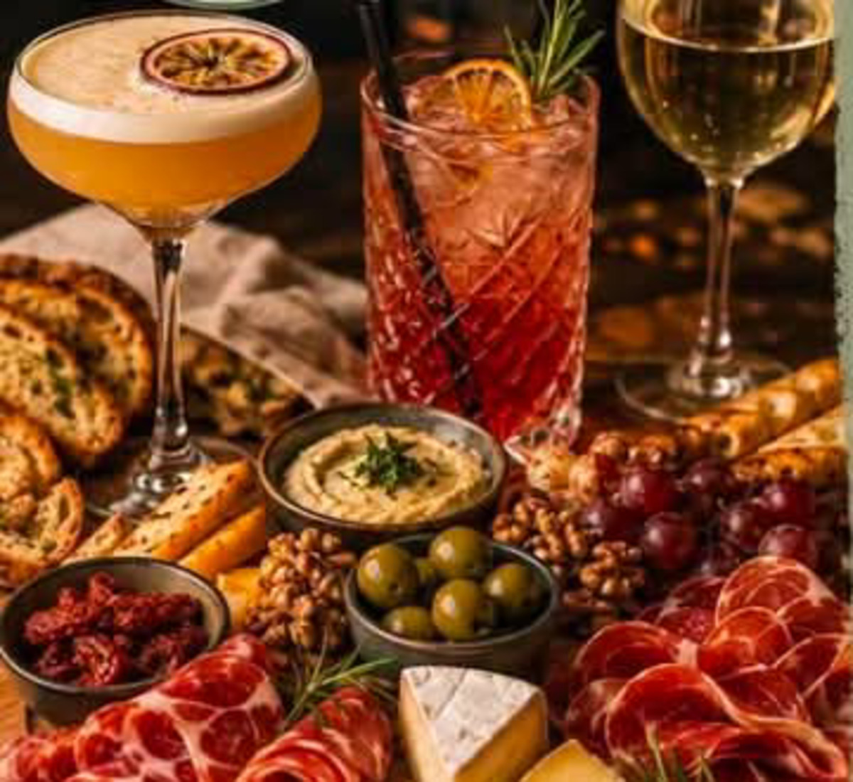 Cocktails, drinks and a charcuterie spread at Brew & Banter