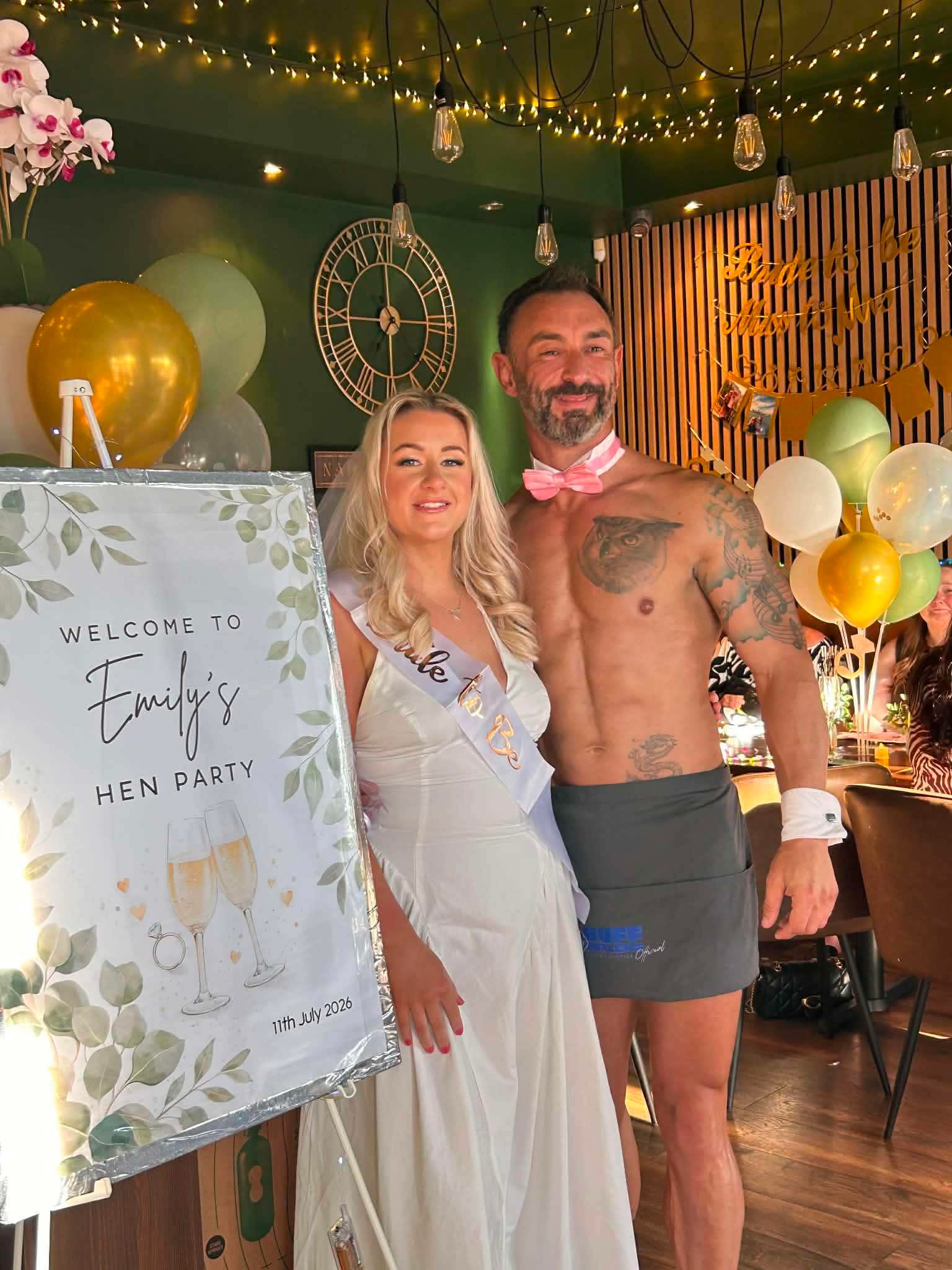 Emily with the Butler in the Buff at her hen party at Brew and Banter Brough